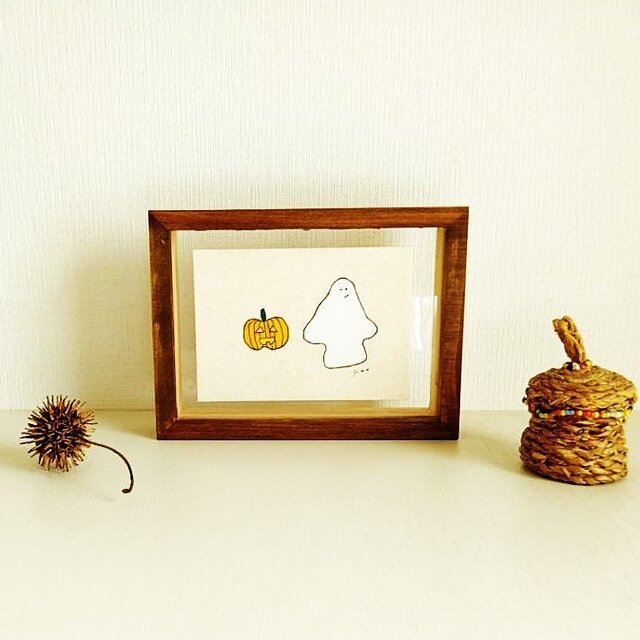特集掲載＊ハロウィン 置物｜原画 イラスト「おばけとカボチャ」※額縁入り