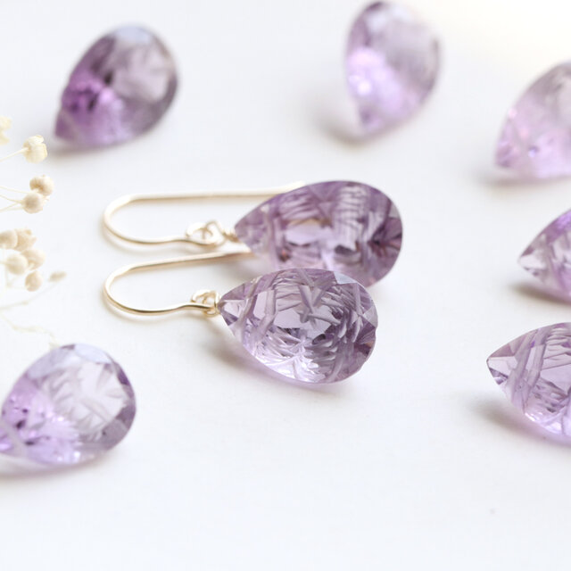 天然石アメジスト＊カービング ピアス/イヤリング｜2月誕生石 14kgf　--Purple Grace--
