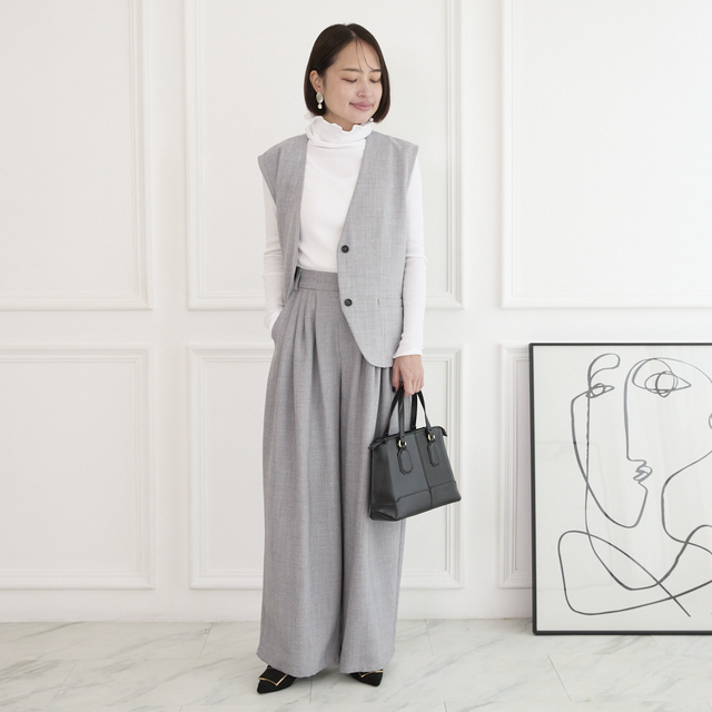 グレー プリーツ入り ワイドパンツ FREAK'S STORE/ウーリータッチ タックワイドパンツ/ツータックパンツ