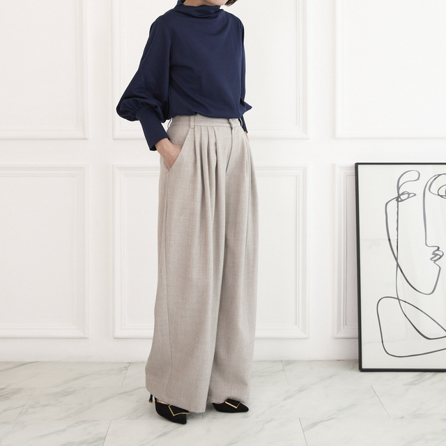 【洗える】プリーツタック ワイドパンツ  後ろウエストゴム 　【4サイズ】  ベージュ　0635BE