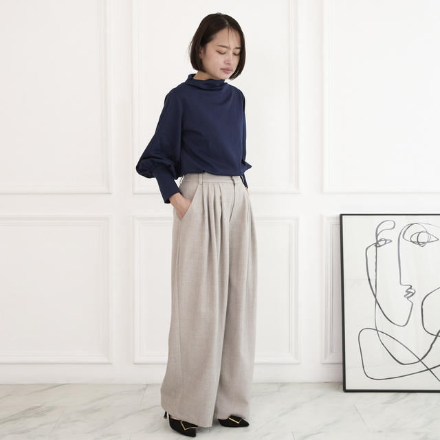 洗える】プリーツタック ワイドパンツ 後ろウエストゴム 【4サイズ