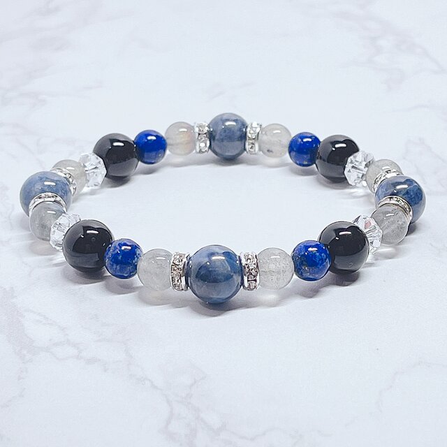 【再販5点以上】人間関係や仕事の基盤を固める サファイア モリオン ラピスラズリ 天然石 ブレスレット No758