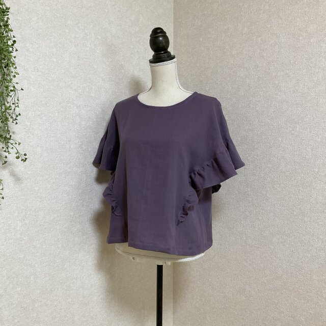 ふわふわコットンWガーゼ ラッフルフリルブラウス　グレイッシュパープル