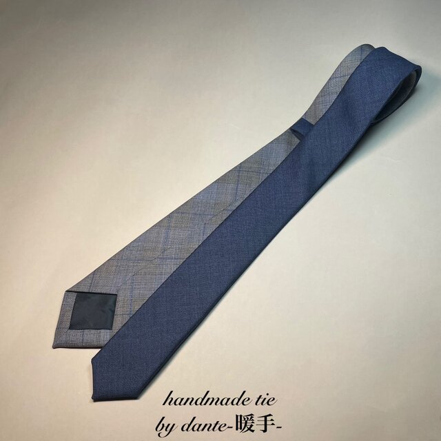 【受注製作】ナロー　ブルー　グレー　チェック　ネクタイ　プレゼント　ギフト【別途】名入れ　メッセージ　イニシャル　