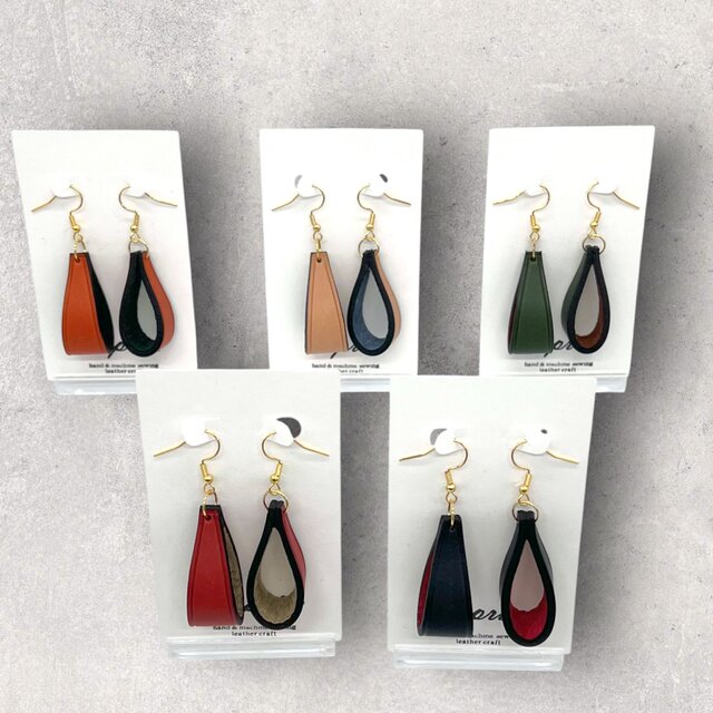 レザードロップピアス（ハンドメイド／サージカルステンレス／本革／ワンポイント／ギフト対応）