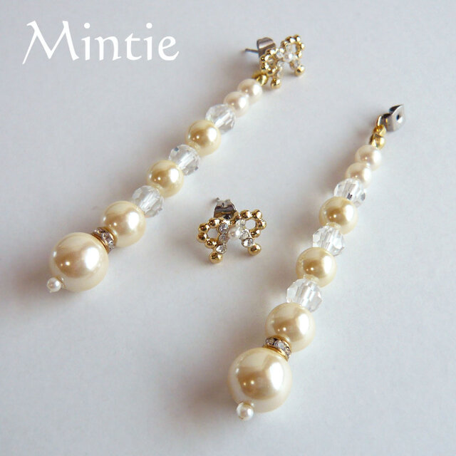 ２wayピアス　オリジナルリボンとパール＆クリスタル(ゴールド)