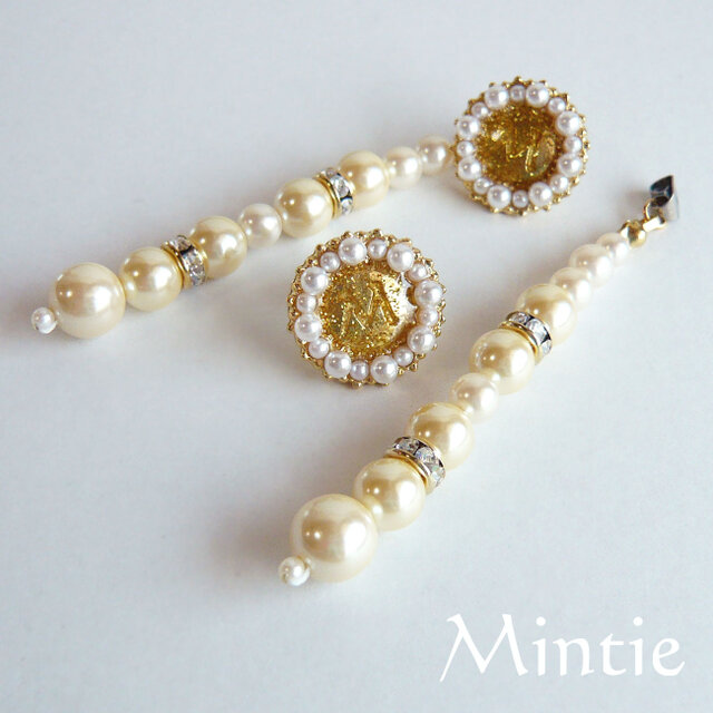 ２wayピアス　オリジナルロゴモチーフとパール(ゴールド)