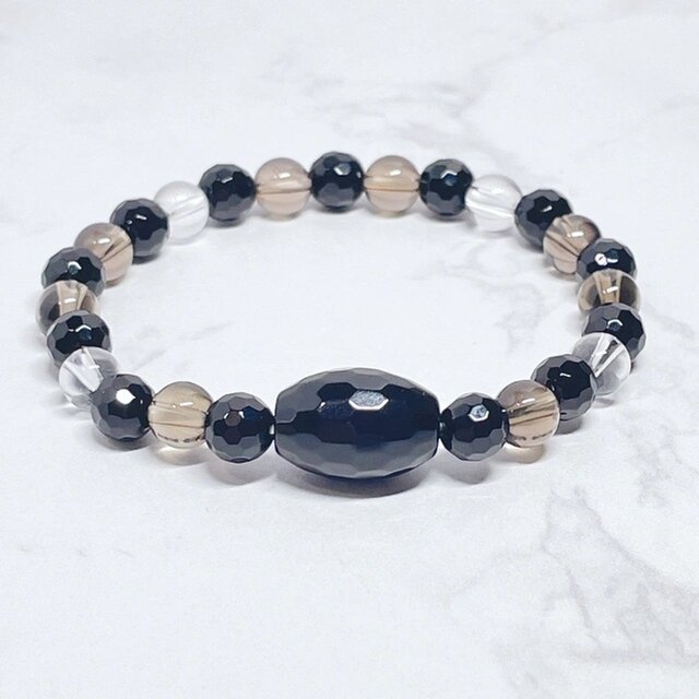 厄を払う・自己防衛の石 オニキス・スモーキークォーツ パワーストーン 天然石 ブレスレット No814