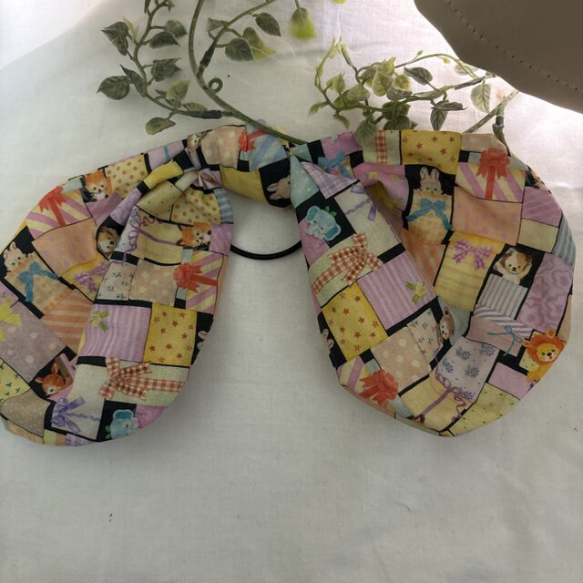 リボンヘアゴム♡ハンドメイド♡リボン♡ユキエモンパズル黒ウサ耳タイプ
