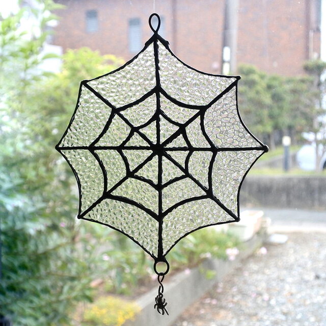 ステンドグラス サンキャッチャー 蜘蛛の巣 模様 スパイダー