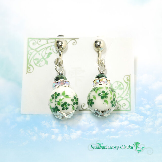 花柄和風イヤリング＊緑