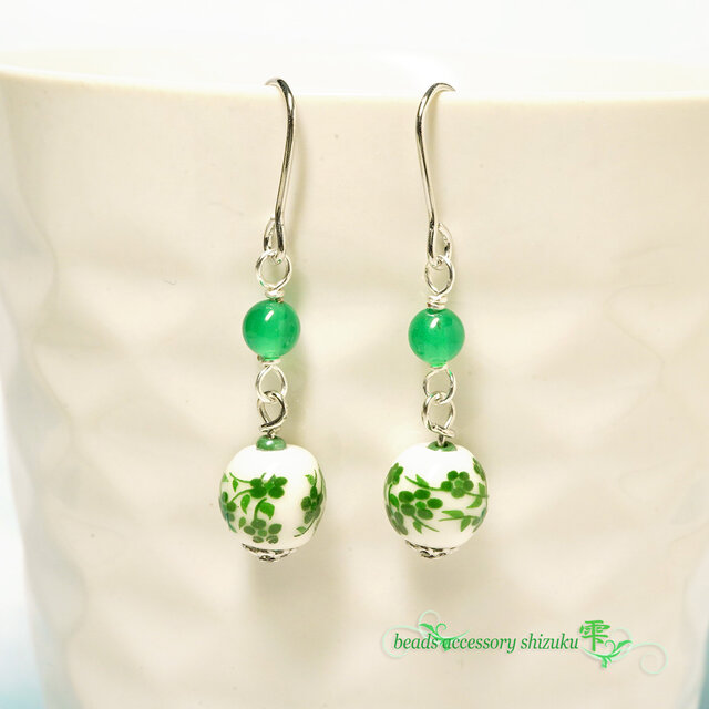 花柄和風ピアス＊グリーンオニキス