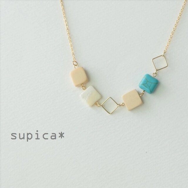 s29-GN489 ■スクエア■【ターコイズ】と【高瀬貝】のネックレス　長さお好みでお作りします