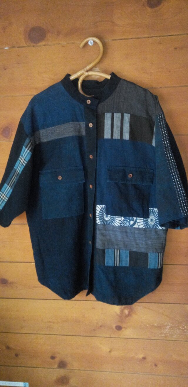 藍染め　古布　絣　縞　パッチワーク　シャツ　ジャケット