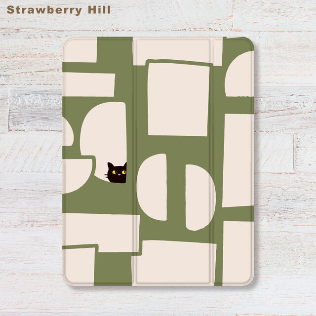 覗き込む 黒猫 iPadケース ペン収納 軽量 背面クリア あいぱっどけーす スタンド機能