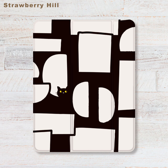 覗き込む 黒猫 iPadケース ペン収納 軽量 背面クリア あいぱっどけーす スタンド機能