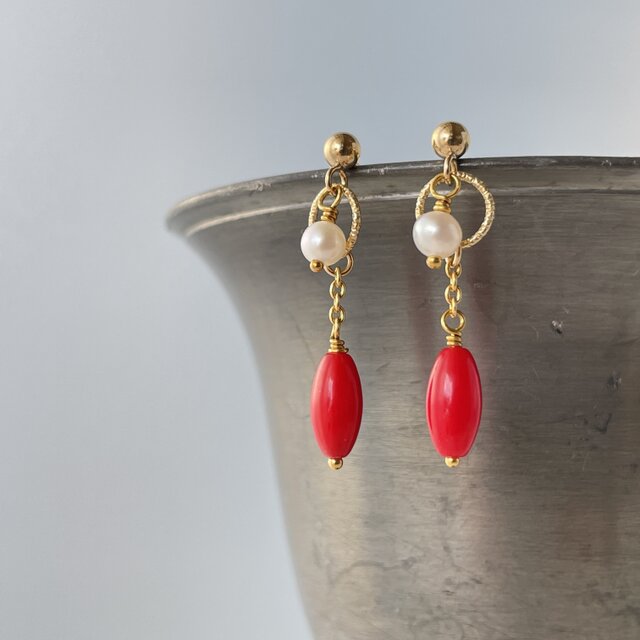 赤のときめき｜赤珊瑚×淡水パール ピアス 可憐な耳飾り 14kgf 3月