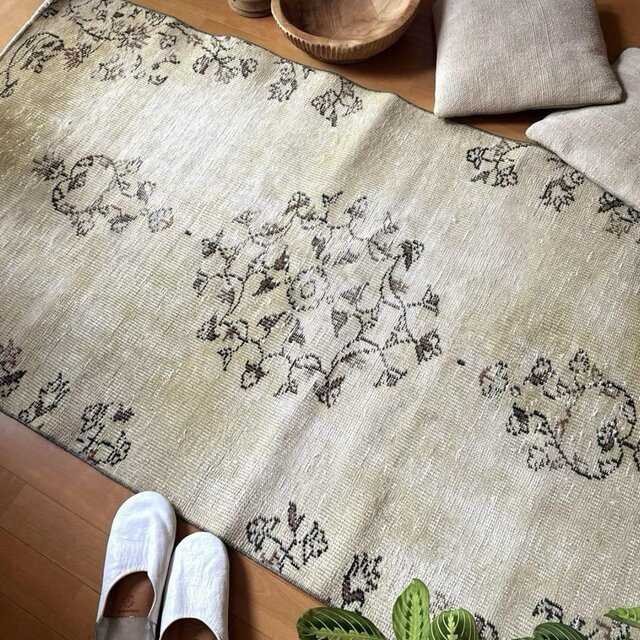 95×188 淡い若草カラー 擦れシャビーなメダリオン トルコヴィンテージ