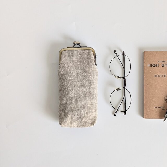 [受注制作]リネンのめがねケース/がま口　ナチュラル　ベージュ　【選べる中生地カラー】