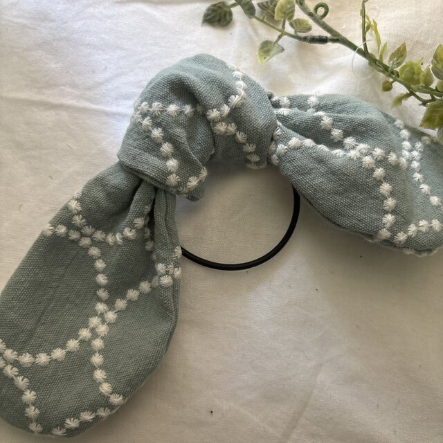 リボンヘアゴム♡ハンドメイド♡リボン♡リネンミントグリーンサークル