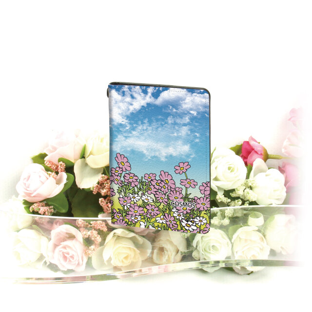 二つ折りパスケース/ICカードケース/カードケース【手書き風コスモス】（名入れ可）