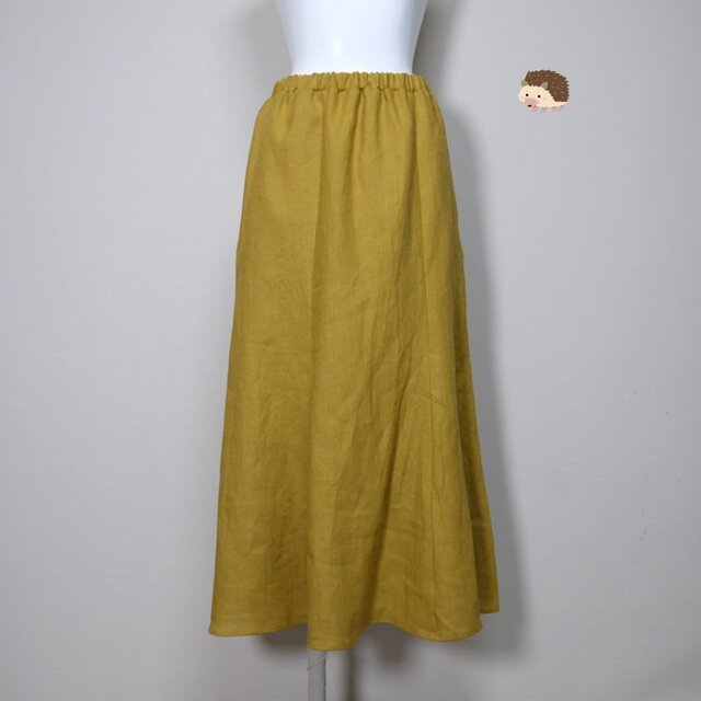 カラーリネン◆マーメイドフレアスカート◆マスタード◆フリーサイズ（中厚、リネン100％）