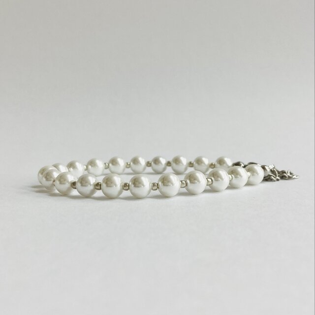 ガラスパールとグラスビーズのブレスレット/約6mm約17cm+5cm/ホワイト/日本製