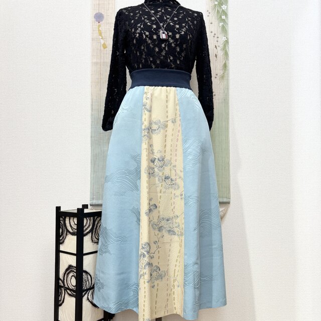 着物から作った６枚接ぎリブフレアースカート　山澄む