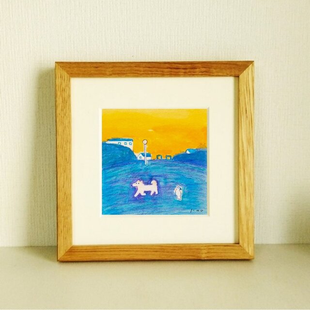犬の絵｜原画「夕暮れ」 ※木製額縁入り　(18×18㎝フレーム）