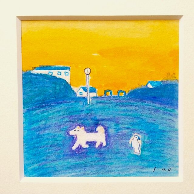犬の絵｜原画「夕暮れ」 ※木製額縁入り (18×18㎝フレーム） | iichi