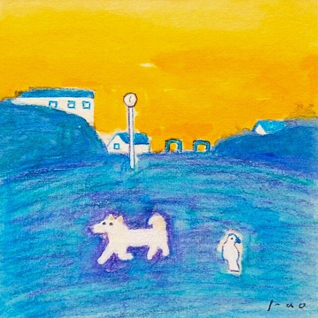 犬の絵｜原画「夕暮れ」 ※木製額縁入り (18×18㎝フレーム） | iichi