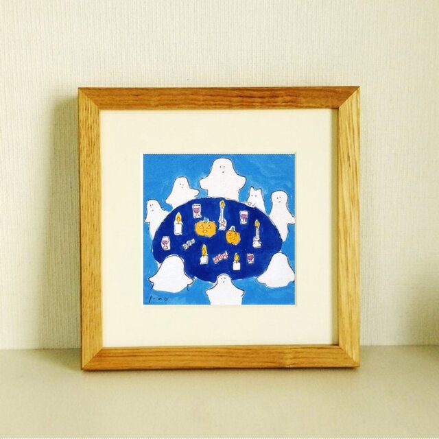 原画「ハロウィンパーティー」 ※木製額縁入り　(18×18㎝フレーム）アクリル画