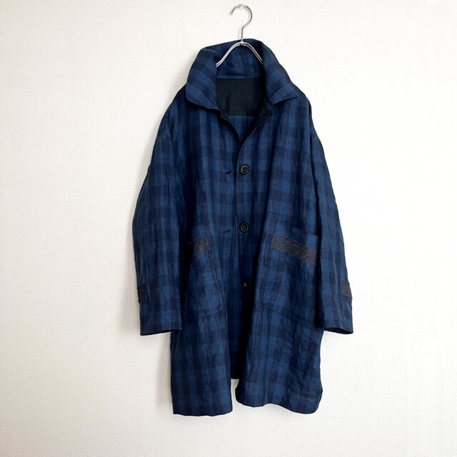インディゴ・リネン ブロックチェック・ステンカラー・ワイドハーフコート