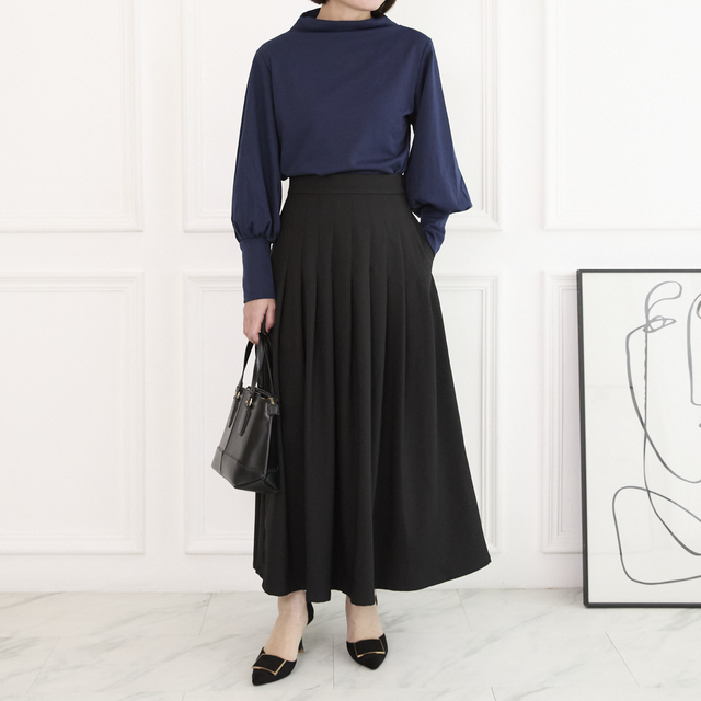 【洗濯可】サラサラ素材でシワになりにくい タックフレアスカート 　2サイズ ブラック　0687BK