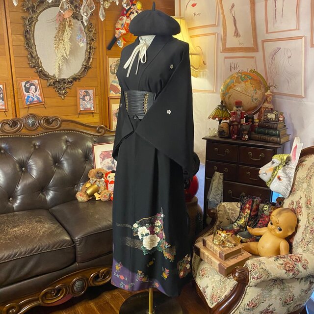 NO95 着物リメイクワンピース　留袖リメイクワンピース　　作家物 和洋折衷 黒留袖 着物 リメイク ロング ワンピース ドレス 洗える 化繊