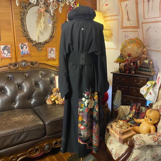 和洋折衷 黒留袖 着物 リメイク ロング ワンピース ドレス 洗える 化繊