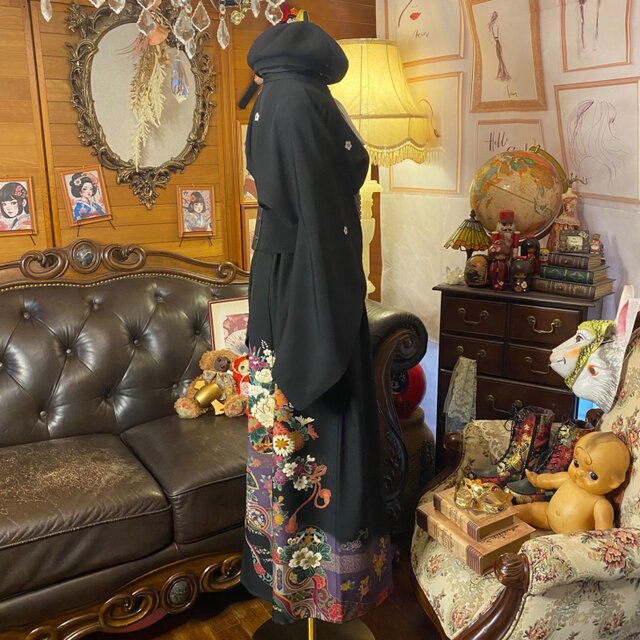 和洋折衷 黒留袖 着物 リメイク ロング ワンピース ドレス 洗える 化繊