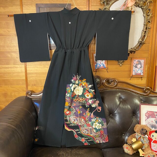 和洋折衷 黒留袖 着物 リメイク ロング ワンピース ドレス 洗える 化繊