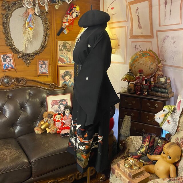 和洋折衷 黒留袖 着物 リメイク ワンピース ドレス 洗える 化繊 古着