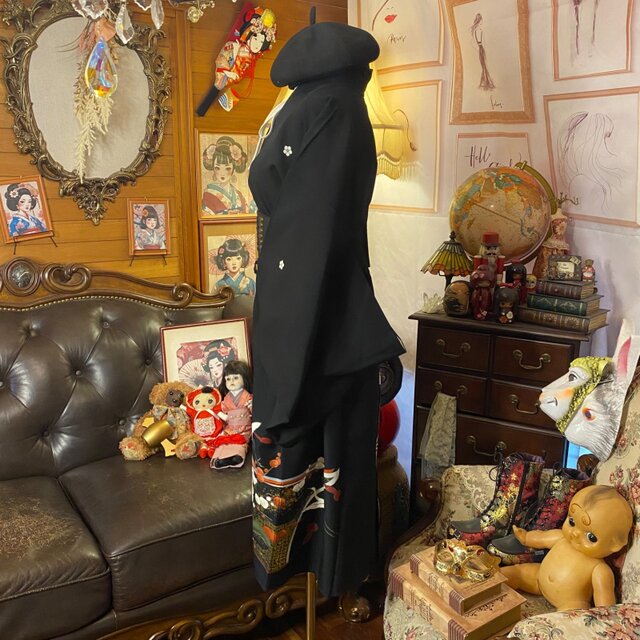 和洋折衷 黒留袖 着物 リメイク ワンピース ドレス 洗える 化繊 古着