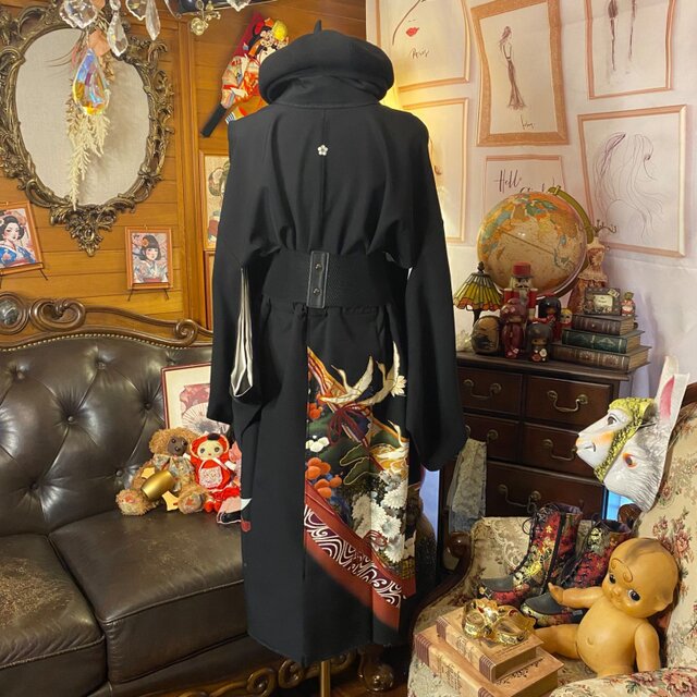 和洋折衷 黒留袖 着物 リメイク ワンピース ドレス 洗える 化繊 古着