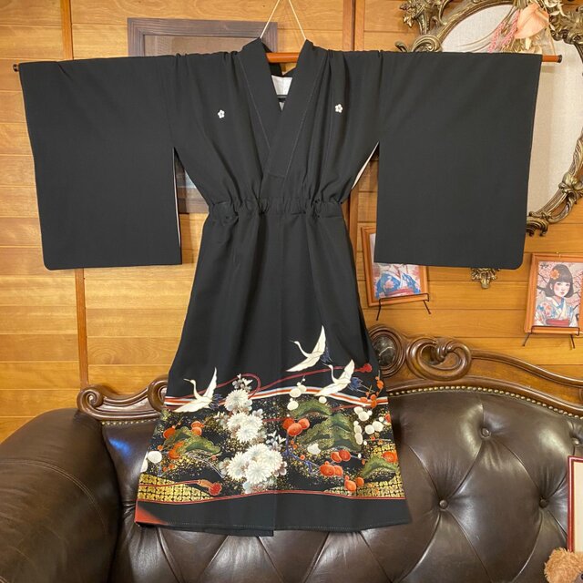 和洋折衷 黒留袖 着物 リメイク ワンピース ドレス 洗える 化繊 古着