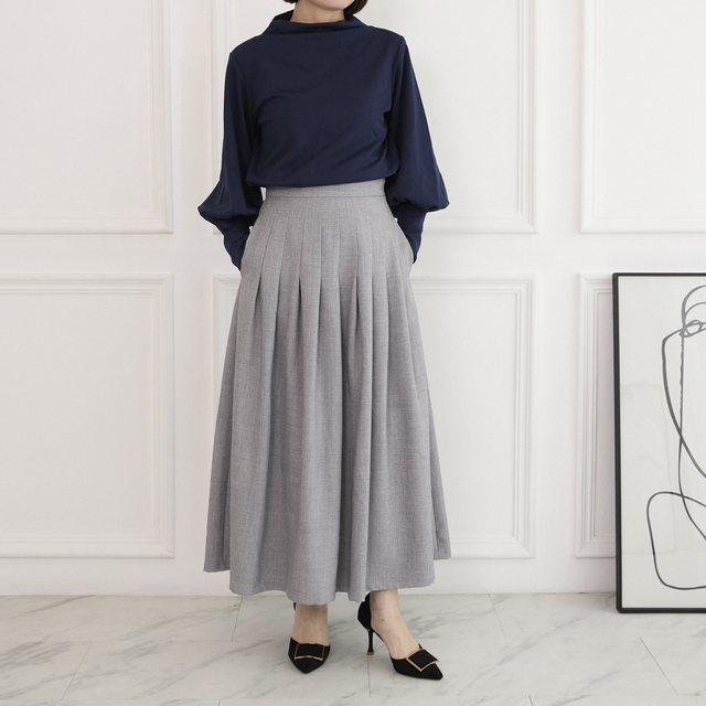 【洗濯可】サラサラ素材でシワになりにくい タックフレアスカート 　2サイズ グレー　0687Grey