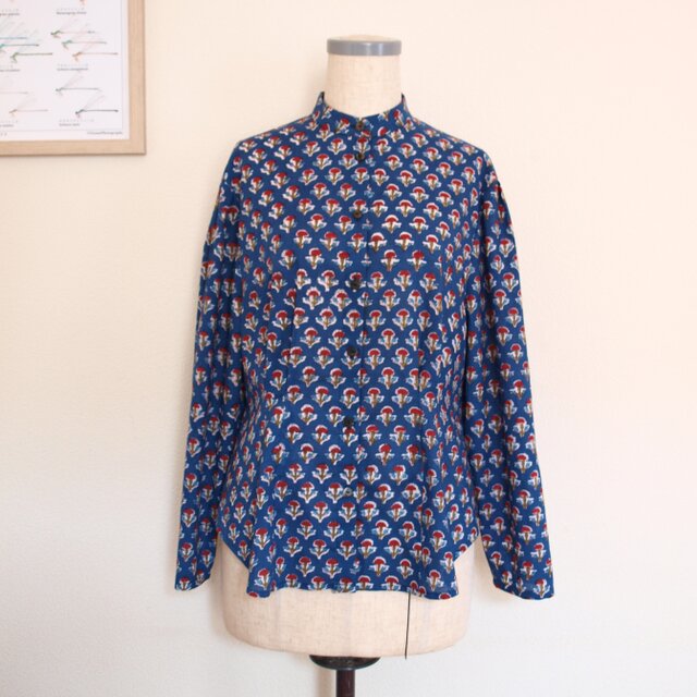 COTTON ブロックプリント インド綿 タックブラウス *ネイビー* size M