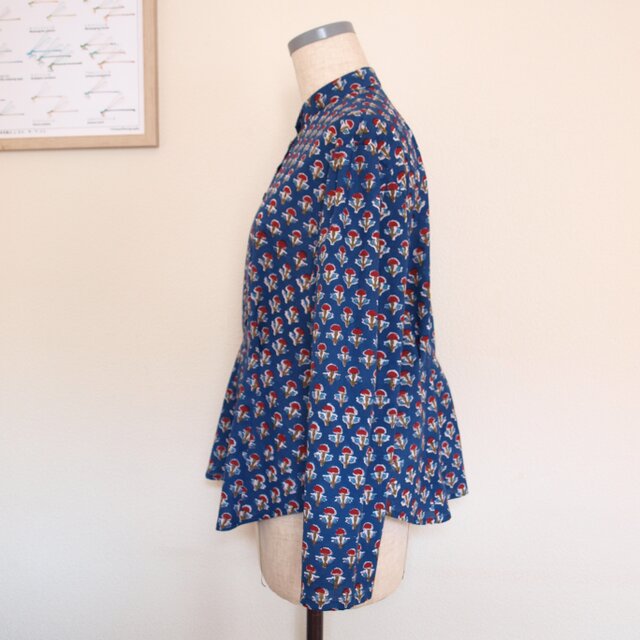 COTTON ブロックプリント インド綿 タックブラウス *ネイビー* size M