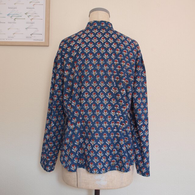 COTTON ブロックプリント インド綿 タックブラウス *ネイビー* size M