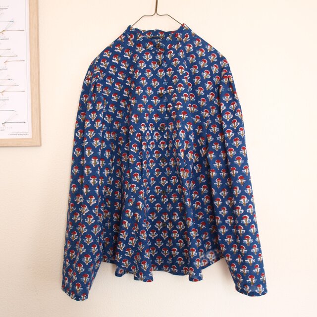 COTTON ブロックプリント インド綿 タックブラウス *ネイビー* size M