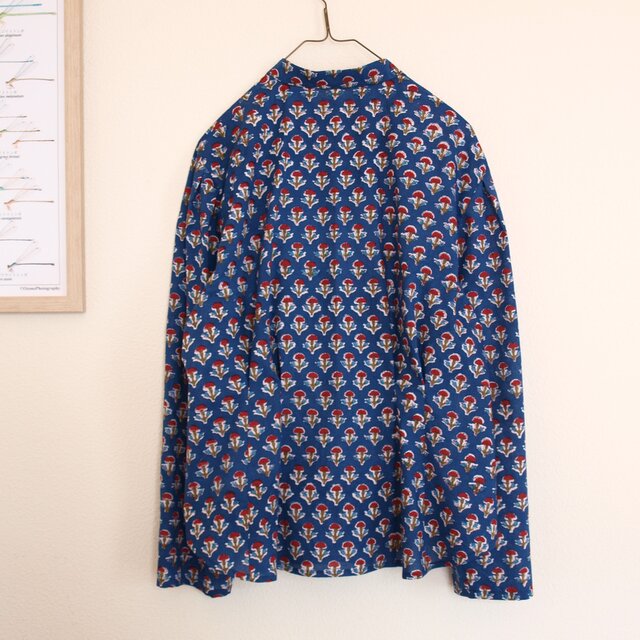 COTTON ブロックプリント インド綿 タックブラウス *ネイビー* size M