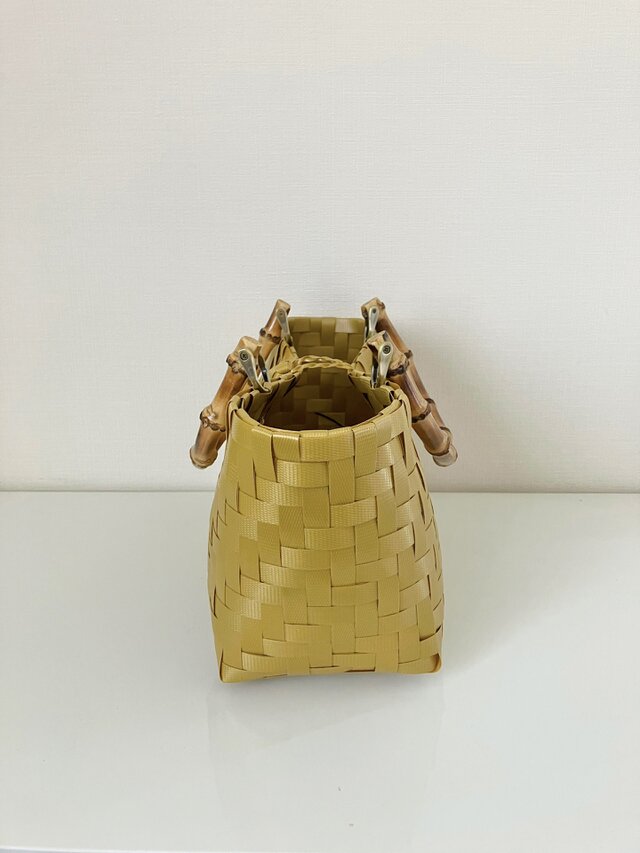 新色】和色・からし色/バンブーハンドル(横長Sサイズ) かごバッグ