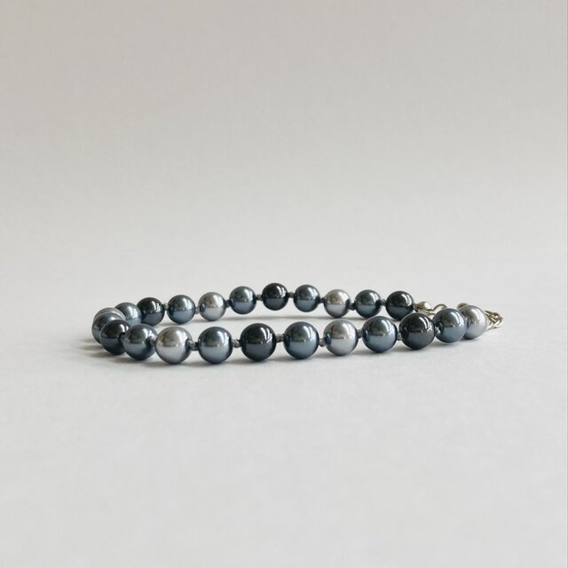 ガラスパールオールノットブレスレット/6mm約17cm+2cm/グレーxブラックmix/R/made in japan